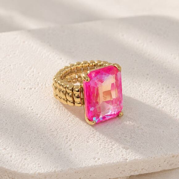 StarryNYC Jewelry - Dopamine Rectangular Glass Cocktail Stretch Adjustable Ring